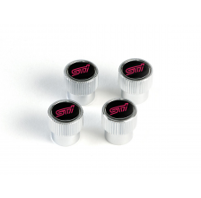 Subaru Valve Stem Caps Kit Of Four In Silver / Black With Red STI